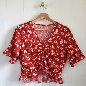 Red Floral Cinched Blouse